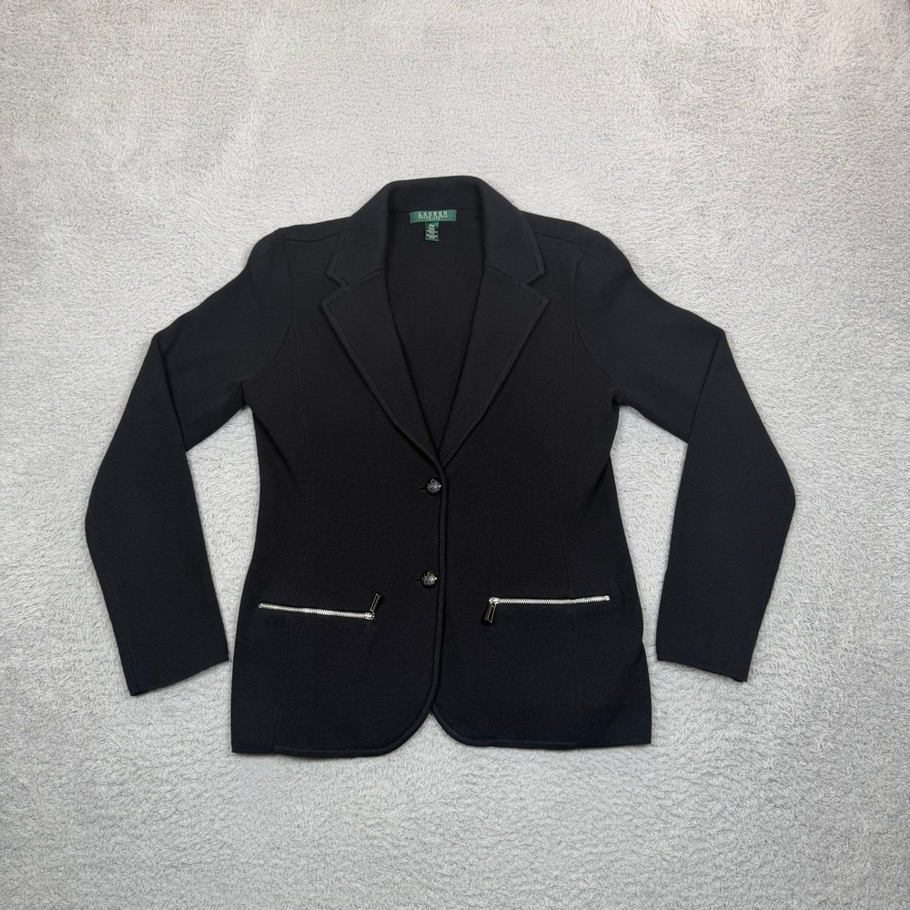 Lauren Ralph Lauren Petite Black Knit Blazer PM Cotton Zip Pocket Sweater Jacket